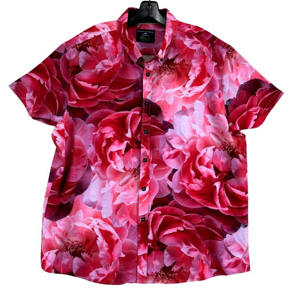 Society of Threads Regular Fit Button Down Shirt Mens XXL Pink Floral Tropical